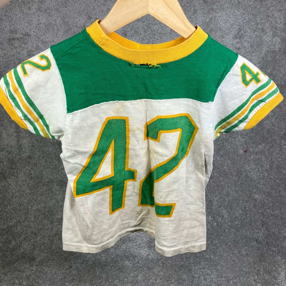 Vintage 60s Football Jersey Kids Number 42 Ringer White Green Yellow Wall Piece